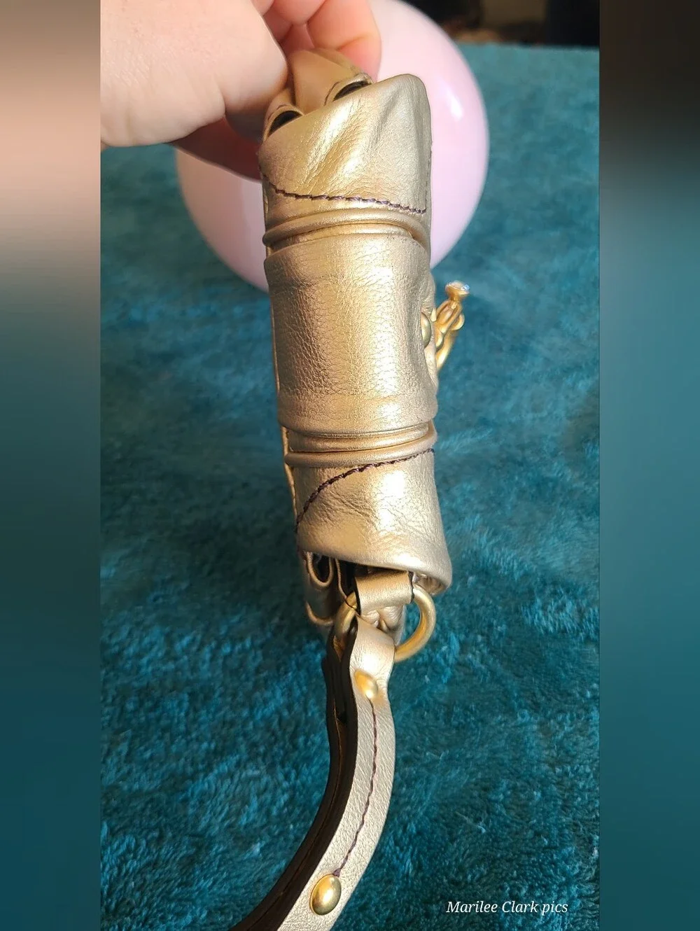Y2K vintage metallic gold leather Juicy Couture wristlet featuring Heart Accent